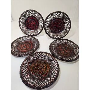 Set of 5 Decorative Woven Round Trays Red Black Lacquer Kyushu Rantai Style